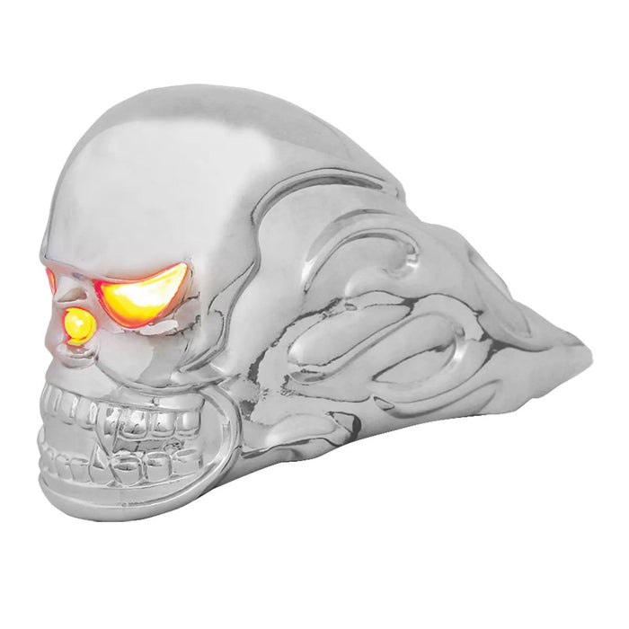 Illuminated Chrome Flame Skull Hood Ornament - White Line Distributors Inc