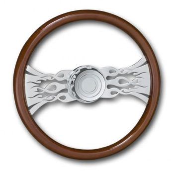 18" Flames Steering Wheel with Wood Grips and Chrome Spokes - White Line Distributors Inc