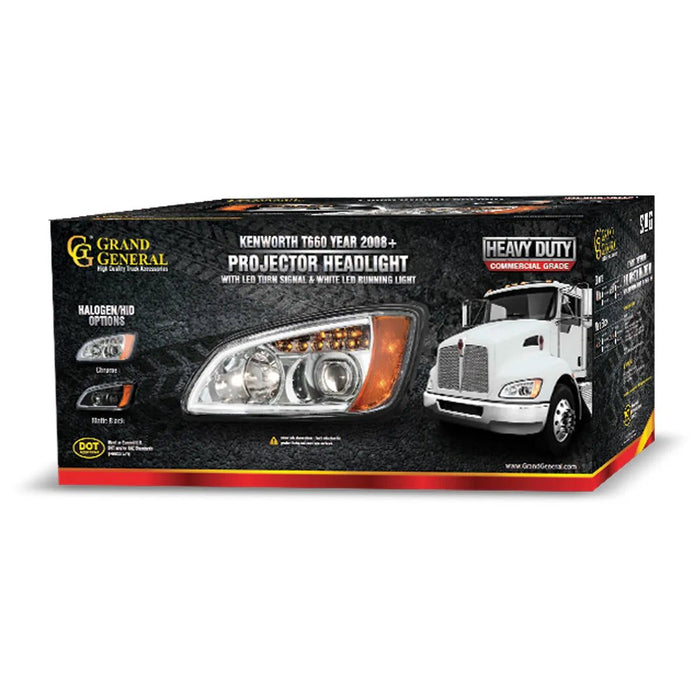 Kenworth T660 Chrome Projection Headlight with LED Turn Signal & White LED Running Light - White Line Distributors Inc